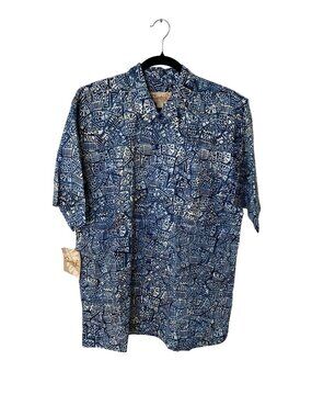 Santiki Avalon Bay Mens Hawaiian Shirt L Blue Tribal 100% Cotton NWT